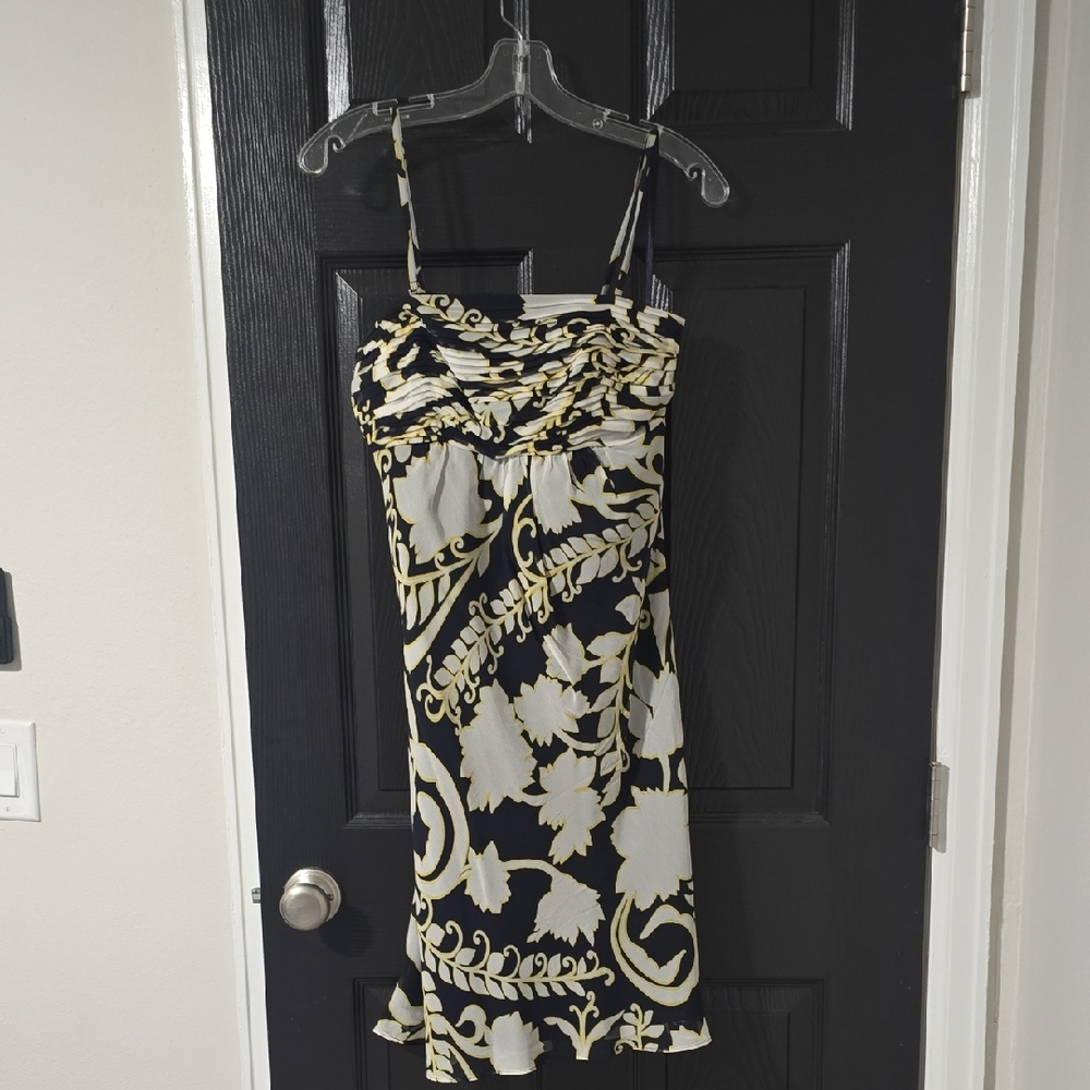 Ann Taylor Navy Blue Dress with Cream & Gold Botanical Print